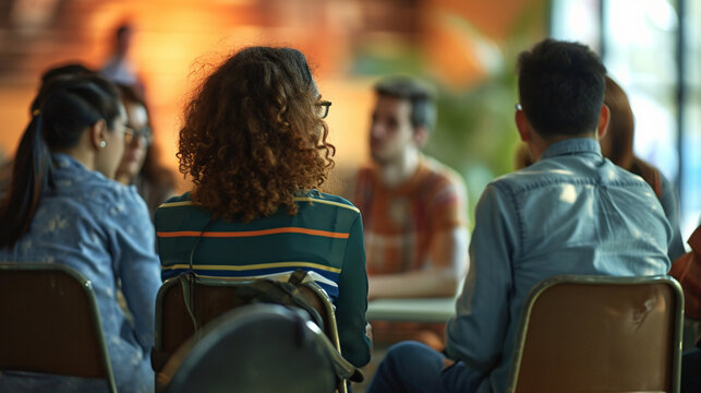 Attendees engaging in a group discussion during a breakout session, Church Conference, blurred background, with copy space