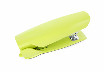 One new light green stapler isolated on white