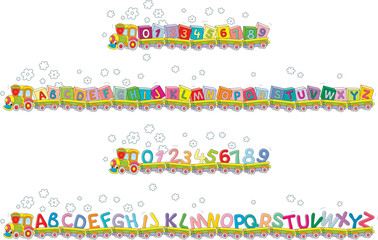 Funny toy train pulling colorful baby cubes with English alphabet and numbers, vector set of designs with blocks and letters for nursery and classroom of primary school