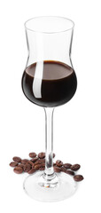 Shot glass with coffee liqueur and beans isolated on white