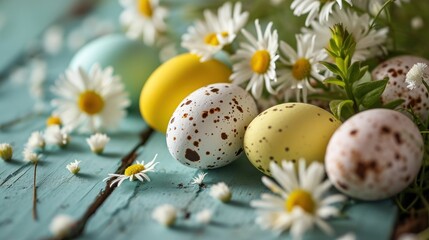 Obraz na płótnie Canvas Easter eggs with daisies on the blue wooden table