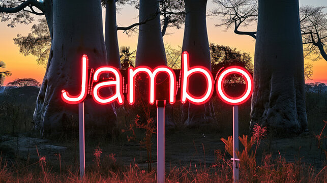 Jambo, hello in Swahili, written in a neon sign
