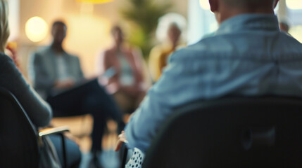 An animated discussion happening in a small group session, Church Conference, blurred background, with copy space