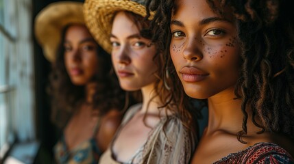 Fototapeta premium Group of beautiful different ethnicity women. Multi ethnic beauty and friendship. Portrait of diverse group of natural beautiful women