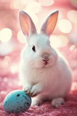 Easter bunny looking at camera and holding blue easter egg on pink bokeh background