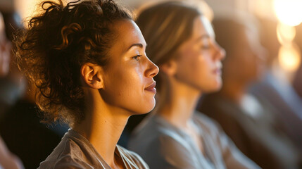 Obraz premium Attendees of a church conference engaging in a guided meditation session, Church Conference, blurred background, with copy space