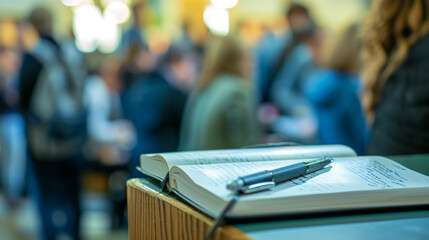A book signing event with a renowned Christian author at the church conference, Church Conference, blurred background, with copy space