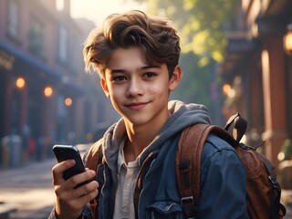 Junge mit Smartphone schaut freundlich in die Kamera während er die Straße überquert