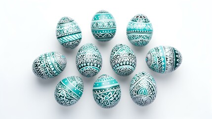 Cyan Easter Eggs on a white Background. Artistic Easter Template with Copy Space