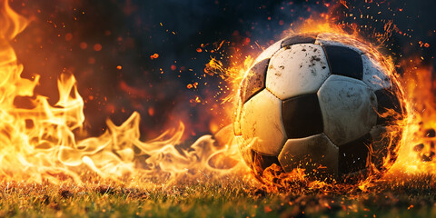 Soccer ball with fire in the background. Generative AI. - obrazy, fototapety, plakaty