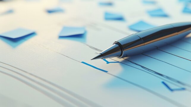 3d illustration of pen putting blue ticks on paper 