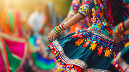 Vibrant dancers performing a Garba during Navratri festival, Navratri, blurred background, with...