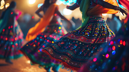 Vibrant dancers performing a Garba during Navratri festival, Navratri, blurred background, with...