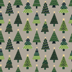 Whimsical Christmas Trees on Taupe Seamless Pattern Design
