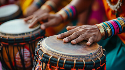Close-up of hands playing the dhol during a Navratri procession, Navratri, blurred background, with copy space