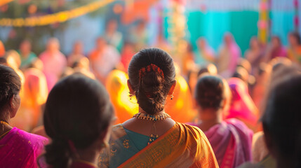A community gathering to watch a cultural performance during Navratri, Navratri, blurred...