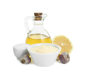 Fresh mayonnaise sauce in bowl and ingredients isolated on white