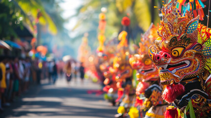 A vibrant Ogoh-Ogoh parade during Nyepi in Bali, Indonesia, Nyepi, blurred background, with copy space