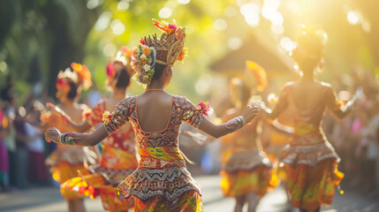 Balinese dancers performing a traditional dance during Nyepi celebrations, Nyepi, blurred...