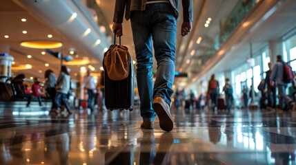Person walking through an airport terminal, carrying a suitcase and a coffee cup, with other travelers in the background.
