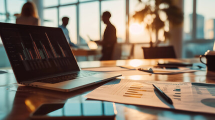 Business analytics dashboard on a laptop screen, with charts and graphs visible. The foreground includes financial documents with various data visualizations