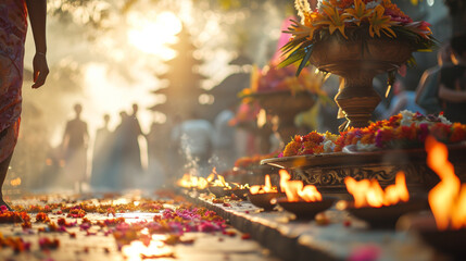 The ritual of Melasti leading up to Nyepi, with people cleansing temple relics, Nyepi, blurred background, with copy space
