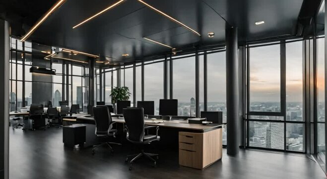 Dark office interior with coworking and conference area behind glass doors. Two-storey office loft with PC computer and panoramic window on skyscrapers