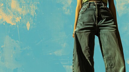cropped of slender woman wearing huge jeans collage  - obrazy, fototapety, plakaty