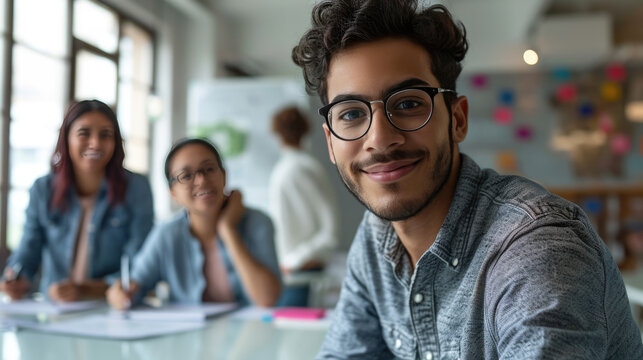 Young man with glasses in the foreground, smiling towards the camera, with coworkers in the background, in a meeting at office