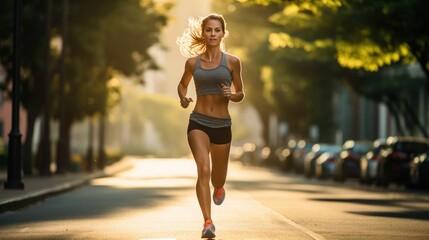 showing a side view of a young woman gracefully running along the sidewalk. - obrazy, fototapety, plakaty