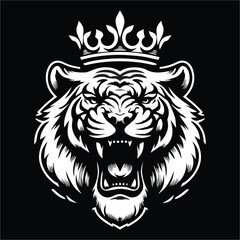 tiger head vector , Roaring king tiger head black and white vector illustration