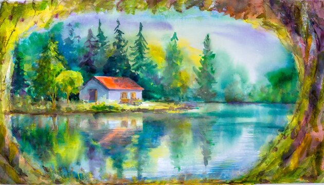 Cottage by the River Landscape Watercolor Paint