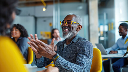 Smiling older man with glasses gesturing in conversation at a modern office or co-working space