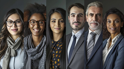 Composite of six individual portraits from diverse ethnic backgrounds, each smiling and dressed in business casual attire, suggesting a professional and inclusive work environment. - obrazy, fototapety, plakaty