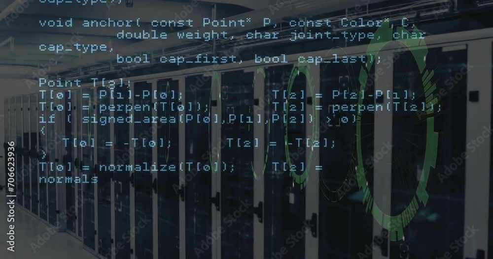 Poster animation of data coding and circular scanner over server room