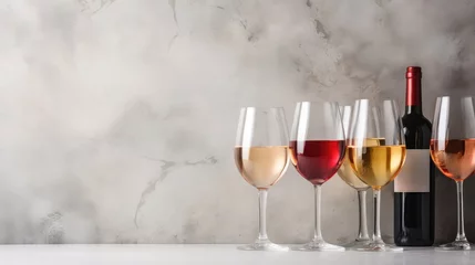 Fotobehang enticing flat lay of red, rose, and white wine in glasses, with corkscrews on a chic gray concrete background. © pvl0707