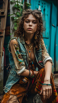 beautiful portrait of a hippie girl, hippie woman, 70s hippie woman, fashion