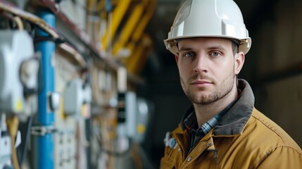 male electrician in a protective helmet   