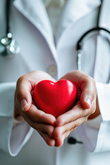 Doctor holding a red heart in hospital ward, healthy strong medical concept