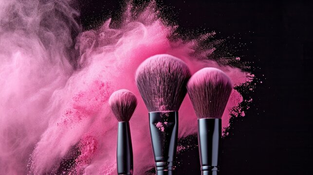 makeup brushes with whirling pink powder   