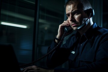 Communicative Male guard talk phone. Safety control. Generate Ai