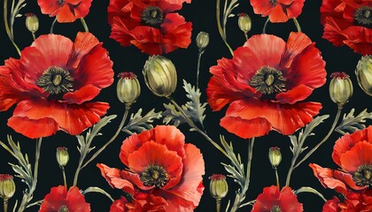 floral seamless pattern with hand drawn watercolor red poppy flowers dark vintage wallpaper luxury botanical background glamor ornament illustration design for fabric wallpaper mural blogging