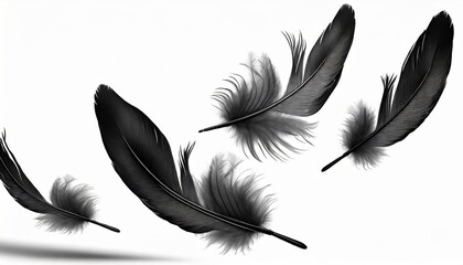 beautiful black swan feathers floating in air isolated on white background