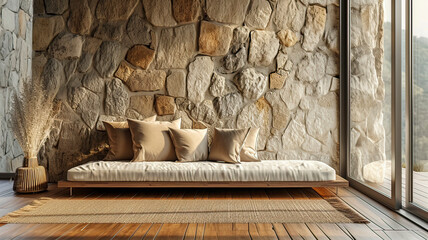 Modern Living Room with Stone Wall and Nature View