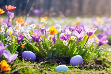 Fotobehang Ostern Frühlingswiese mit bunten Blumen und Ostereiern © Pixelot