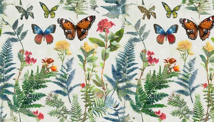 Fototapeta na wymiar vintage botanical pattern forest background with butterflies beetles herbs fern flowers watercolor elements hand drawing suitable for the design of fabric paper wallpaper notebook covers