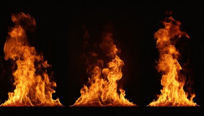 set of panorama fire flames on black background