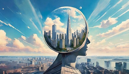 minimalist futuristic album cover of a mind dreaming of a city