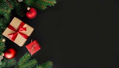 merry christmas banner with blank space for text black background giftboxes fir tree branches red ornaments 8k uhd image