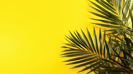 flat strip of lush green palm branches on a vibrant yellow background. Perfect for conveying the essence of summer vacations, travel, and fashion